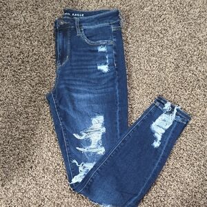 American Eagle Outfitters Dark Blue Distressed Hi-Rise Jegging